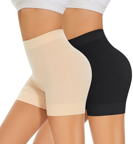 SIMIYA Radlerhose Damen Kurze Unter Kleid Rock Anti Scheuern Hotpants Kurze Leggings Damen Boxershorts Bequem Elastisch Unterhosen für den Alltag (Schwarz + Beige L)