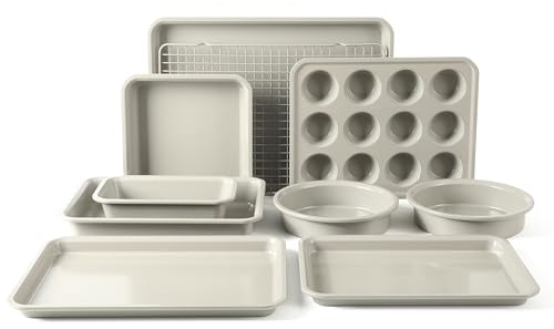 Calphalon Legacy 10-Piece Nonstick Bakeware Set, PFA-Free Nonstick Coating, Oven Safe, Includes Sheet Pans, Muffin Pan, Round Cake Pans, Loaf Pan and Cooling Rack, Cream Grey