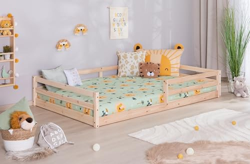 TiCAA Bodenbett, Kinderbett Massivholz – Montessori Bett „Neo“ aus Kiefer mit Lattenrost und Rausfallschutz, Holzbett belastbar bis 150 kg