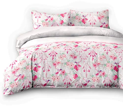 AmeliaHome 06891 4tlg 2 x Biber Bettwäsche 155x220 cm mit 2 Kopfkissenbezügen 80x80 cm 100% Baumwolle Blumenmuster Bettbezug Reißverschluss Snuggy Collection Sweet Dreams Vogel weiß rosa