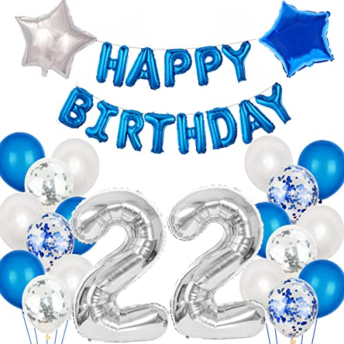 Luftballon 22. Geburtstag mann blau deko Folienballon 22 jahre Geburtstags deko mann männer blau set happy Birthday 22th Geburtstagsdeko 22 mann Ballon 22 jahre Geburtstag mann Dekoration set(22)