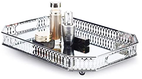 Bandeja de Perfume, Bandeja de Espejo, Bandeja Decorativa de tocador con Metal Rectangular para tocador, baño, Dormitorio, Organizador de encimera, tamaño Grande de 13.8 x 9.6 x 2.2 Pulgadas, Color