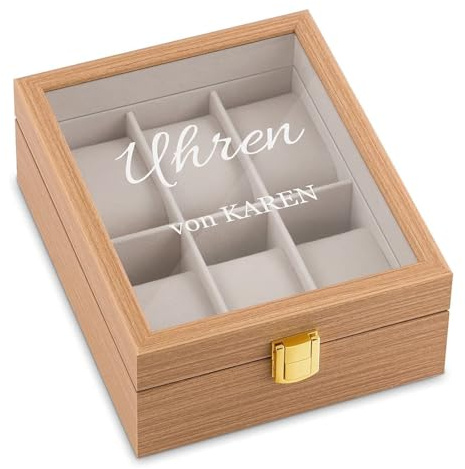 Maverton Uhrenbox mit Gravur für 6 Uhren, Jewelkeeper Hellbraun | Uhrenschachtel, Uhrenaufbewahrungsbox aus Holz, personalisiert, Geschenk zum Geburtstag für Frauen