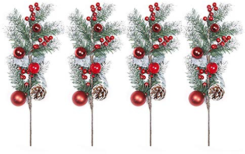 HLTER 4 rote Beerenstiele, 48,3 cm, rote Beeren-Zweige und Tannenzweige mit Weihnachtskugeln, langen Stielen, Tannenzweigen, künstliche Grünblumen-Arrangements für Weihnachtsbaum-Dekoration