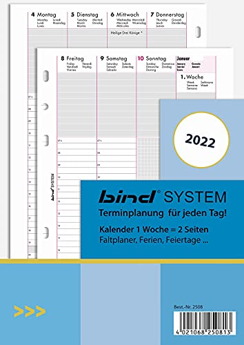 BIND B250822 - Kalendereinlage für Wochenkalender A5 - für Kalender Jahr 2022, 1 Woche / 2 Seiten, Terminkalender mit System