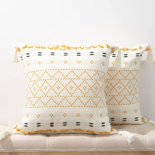 hi-home 2er Set Boho Kissenbezüge, Kissen Boho Style 50x50CM Gelb Kissenhülle Dekokissen Sofakissen mit Quasten, Modern Dekorative Kissenbezug Kopfkissenbezug für Sofa Schlafzimmer Wohnzimmer