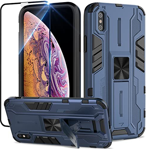 Btstring Hülle kompatibel mit iPhone XS Max mit Schutzfolie, Militär Standard Cover Case Standfunktion Handy Hüllen - Blau