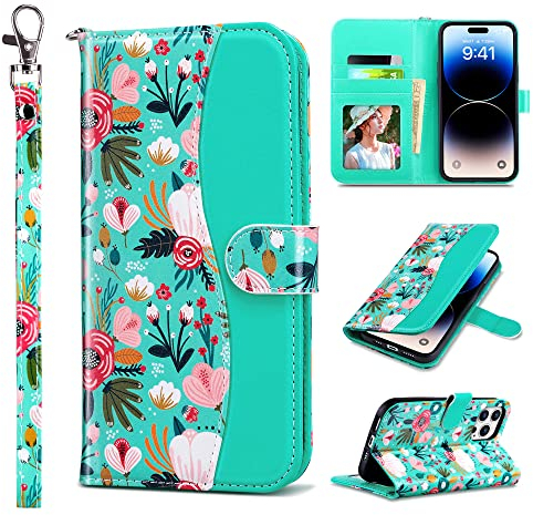 ULAK Cover Compatibile con Apple iPhone 14 Pro Max Portafoglio, Colorata Pelle Libro Magnetica Cavalletto Custodia iPhone 14 Pro Max con Porta Carte per Ragazze Donna, Verde