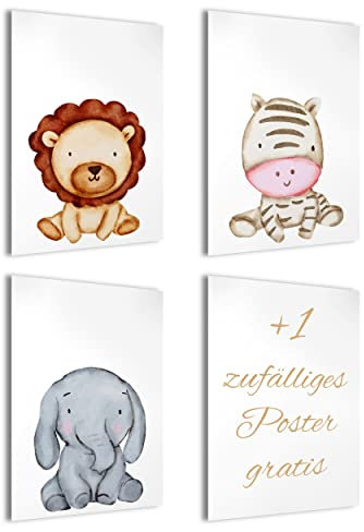 Bartschibär 3 Kinderzimmer Poster Set - Wandbilder, Deko Bilder Kinderzimmer - Kinderzimmer Poster - Mädchen und Jungen, Babyzimmer Deko, Wandposter (Löwe, Elephant, Zebra, A4)
