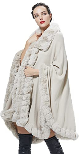 BEAUTELICATE Kunstpelz Poncho Cape Strick Damen Winter Kunstfell Schal Stola Cape Cardigan Warm mit Kragen für Hochzeit Zeremonie Festlich (Beige, Einheitsgröße)