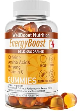 Energy Boost - Pre Workout, Caffeine, Ginseng, VIT C, L-Carnitine, Beta-Alanine, Chewable Gummies for Men & Women - 60 Gummies - Orange Flavour, Suitable for Vegans