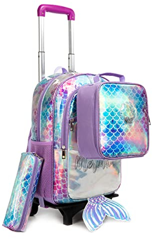 HTgroce Meerjungfrau Rucksack Mädchen, Rucksäcke Mädchen Schultaschen Trolley, Schulranzen Mit Rollen, Grundschule Trolley Rucksack mit Lunchtasche Federmäppchen