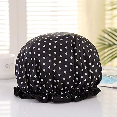 Women Shower Caps Reusable Shower Caps for Hair Waterproof Plastic Shower Cap Elastic Band Satin Bonnet Silk Bonnet Bath Cap (White Dots)