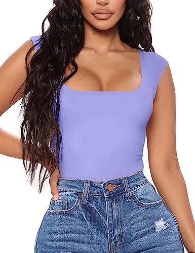 Aranmei Body da donna sexy causale con scollo quadrato senza maniche canotta body Teddy Clubwear per uscire,viola,S