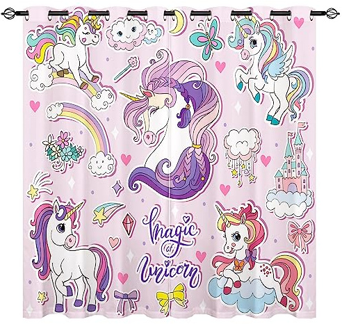 YUANZU Einhorn Vorhänge Kinder Regenbogen Tier Druck Ösen Gardinen mit Blickdichte Vorhang Kälteschutz Blackout Curtain Mädchenzimmer Schlafzimmer Verdunkelung Fenster, 2 Stück, H 160 x B 106 cm