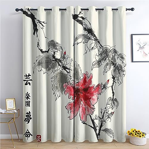 THYUNQ Rideau Occultant, Motif Fleuri Chinois - Rideaux Thermiques Imprimé pour Salon Chambre Fenetre, Lot de 2 Rideaux et Draperies Intérieurs à Oeillets, 140x220 cm (L x H)