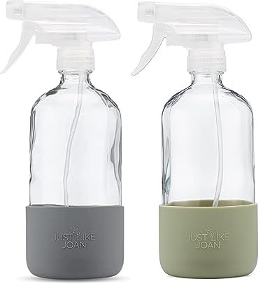 Just Like Joan Glass Spray Bottles 16 oz with Silicone Sleeve - Clear Glass Spray Bottles for Cleaning Solutions, Essential Oils, Plants, Vinegar - Refillable - Food Safe (2 Pack - Green & Gray)