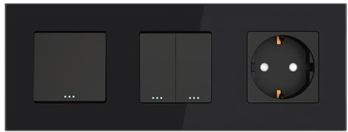 PULSAR Steckdose mit Kreuzschalter und Serienwechselschalter 3 Fach Schwarz Glas, Lichtschalter Doppelt Unterputz mit Steckdose, Kreuzschalter/Serien-Wechselschalter/Steckdose