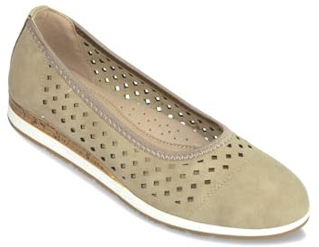 Dr Keller Ladies Wide E Fit Punchwork Ballerina Shoes – Nubuck Effect Comfort Flats with Cutwork & Cork Wedge Trim Beige 6