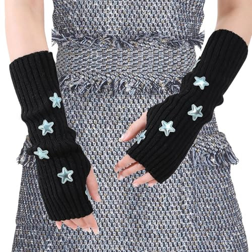 SwirlColor Arm Sleeves Women, Star Long Fingerless Gloves Black Arm Warmers Wrist Warmers for Women Winter Accessories