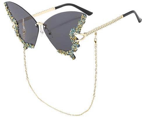FOSDICK 1 Stück Sonnenbrille Damen und Brillenkette, Schmetterling Sunglasses Woman, Diamond Strass Disco Sonnenbrillen, Randlose Vintage Brillen, Getönte Rave Brille, Kreative Festival Sonnenbrille