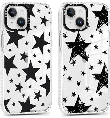 RUMDEY Schutzhülle für iPhone 13 / iPhone 14 15,5 cm (6,1 Zoll), niedliches, cooles schwarzes Stern-Design, transparent, ästhetisch, Kokette Y2K, weich, dünn, stoßfest, TPU, 2 Stück