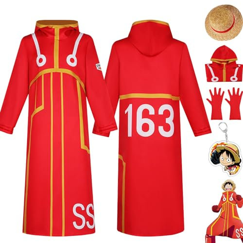 bbganlian Anime One Piece Egghead Island Monkey D Luffy Cosplay Costume Tenue Jeu de rôle Rouge Uniforme Ensemble Complet Halloween Fête Carnaval Habiller avec Chapeau pour Hommes (XL)