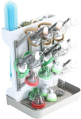 WADY Vertical Baby Bottle Drying Rack with Drain Tray Space Saving Bottle Storage Organizer for Breastfeeding Essentials Holds 8+ Bottles Pump Parts Food-Grade PP Material Quick Air Dry Design (Grey)