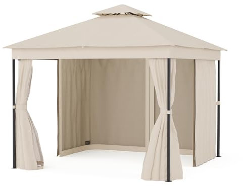 blumfeldt Mondo Dual 3x3 Gazebo – Double Roof, Mosquito Nets & Curtains, Rust-Resistant Metal Frame, Outdoor Garden Pavilion, Beige