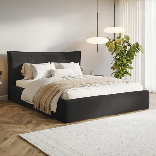 MOTIVENA Leno Bett 120x200 Schwarz Samt, mit Stauraum, mit Kopfteil, mit Lattenrost, ohne Füße, ohne Matratze, Polsterbett 120x200 mit Bettkasten Schwarz