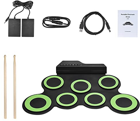 Tragbares elektronisches Schlagzeug, 7 Pads Roll-Up-Design mit | 7 Silizium-Drum-Pads für realistisches Spielgefühl, 5 Drum-Set-Klänge und 8 Demo-Songs, inklusive Drumsticks und
