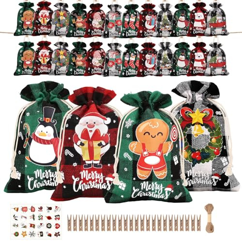 24 Stück Adventskalender zum Befüllen - Stoffbeutel Adventskalender Tüten Selber Befüllen für Kinder, Weihnachtskalender zum Befüllen Stoff DIY Adventstüten, 2025 Weihnachten Advents Säckchen