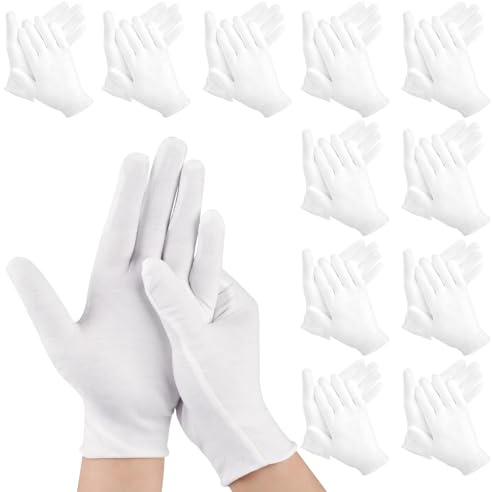 12 Pares Guantes Blancos Algodon, Guantes Algodon Dermatologicos, Manoplas de Trabajo Blanco para Cuidado de la Piel, Inspección de Joyas, Reparación de Autos