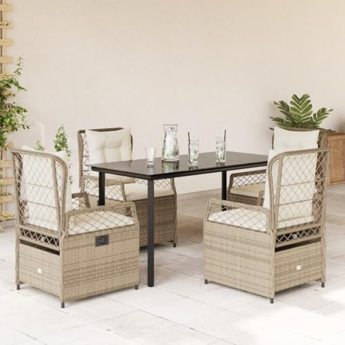 Ziaphsol 5-TLG. Garten-Essgruppe Beige, Poly Rattan, verstellbare Relaxsessel, Glastisch 140x70x74cm, für Outdoor Terrasse, Balkon, Gartenmöbel Set