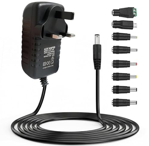 Universal 12V3A Power Supply UK Plug, 36W ACDC Adapter 8 Multi Plug Tips,100–240V 50/60Hz DC Charger Cable for LED Strips, Router, CCTVCamera, Laptop, Baby Monitor,MP3/MP4 and Home Electronics