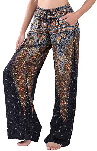 Lofbaz Damen Pfau 1 Kordelzug Harem Boho Hose Schwarz & Gold XL