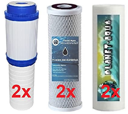 Planet-Aqua 1 Jahr Osmose Ersatzfilter Set 10 Zoll 3 Stufen - 2 in 1 Kombifilter + Sedimentfilter + Aktivkohle Filter für die Umkehrosmose Filteranlage. Aquarium Trinkwasser Patrone Kartusche