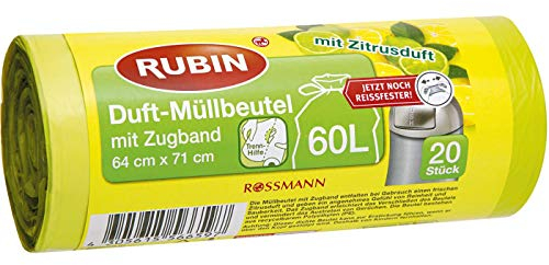 RUBIN Duft-Müllbeutel mit Zugand 60 l 20 Beutel mit Zitrusduft & Trennhilfe, aus recycelbarem Polyethylen, Maße (B/H): ca. 64/71 cm