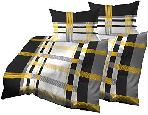 Gerald Wittmann 4teilig Bettwäsche-Set 2X 140x200 cm + 2X 70x90 cm, Baumwolle Mako Satin, Kariert Schwarz Gelb Grau