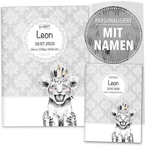 OLGS U-Heft und Impfpasshüllen 3-teiliges Set | Black & White Löwe | Hüllen für den Untersuchungsheft und Impfpass | Geschenk personalisierbar mit Namen (Uhefthülle, Impfpasshülle, personalisiert)