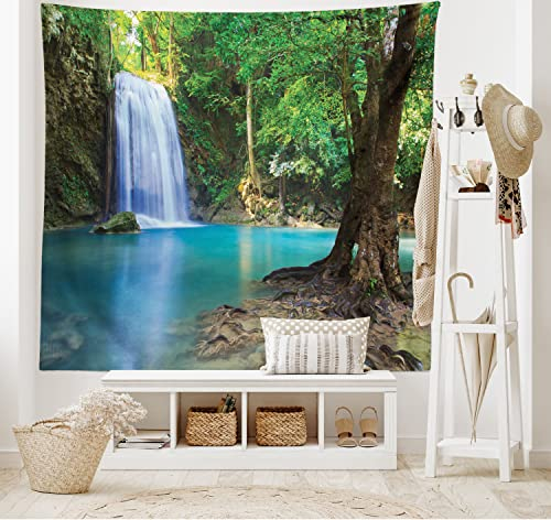 ABAKUHAUS Wasser Wandteppich und Tagesdecke, Asien Thailand Jungle Bäume aus Weiches Mikrofaser Stoff Waschbar ohne Verblassen Digitaldruck, 230 x 140 cm, Grün braun