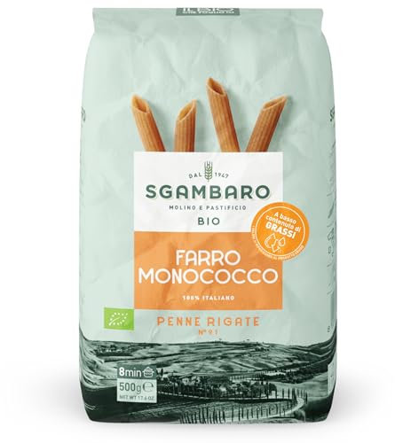 Sgambaro Pasta Bio Penne Rigate N.91 - 500 g Pasta con Farina di Farro Monococco - Ricca di Antiossidanti, Vitamine e Minerali - Basso Contenuto di Glutine