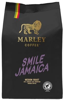 Marley Coffee 20% Jamaica Blue Mountain Medium Roast Ground Coffee 227g - Smile Jamaica Medium Roast - From The Marley Family, Rainforest Alliance Certified - V60 Filter Cafetiere Aeropress
