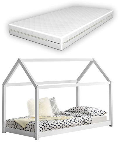 [en.casa] Letto per Bambino a Forma di Casetta con Materasso Ipoallergenico a Schiuma Fredda 70x140 cm Struttura in Legno in Stile Montessori - Color Bianco