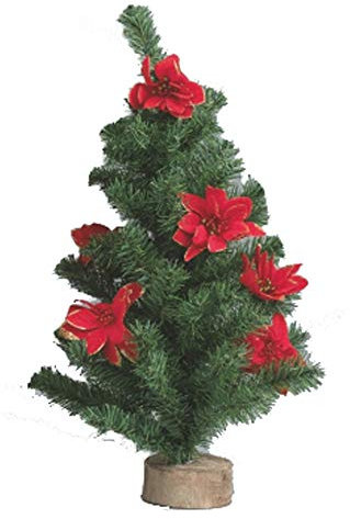 Pinetto Albero di Natale Poinsettia da Tavolo 60 cm COMPRESO di ADDOBBI Stella di Natale Rosso, Supporto in Legno Decorazioni Natalizia Incluse con Fiori Glitter Pino Artificiale e Stand Tronco