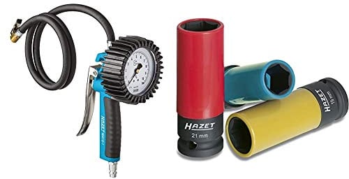 Hazet 9041G-1 Reifenfüll-Messgerät (geeicht, großes Manometer: 80 mm Durchmesser, Messbereich: 0 bis 10 bar) & Steckschlüssel-Satz (1/2 Zoll Vierkantantrieb, mit Kunststoffhülse zum Schutz von Felgen)