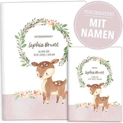 OLGS U-Heft und Impfpasshüllen Set | Cute Forest Reh | Hochwertige Hüllen für Untersuchungsheft & Impfpass | Schöne Geschenkidee mit Namen, Geburtsdatum (Uhefthülle mit Impfpass, personalisiert)