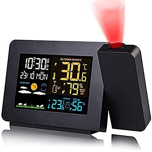 XYEJL Digital Projection Alarm Clock, Wireless Forecast Weather Station, with Two Alarms Snooze Function, Indoor Outside Temperature Thermometer