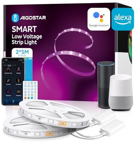Aigostar Alexa RGB Led Strip Light 10m Plug in led Strip Lights with Music Sync Mode Work with Smart WiFi App Control & Remote Led Lights for Bedroom Party TV Living Room 2 Rolls of 5m with 2 Set
