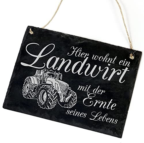 Landwirt Schild Türschild aus Schiefer - Hier wohnt ein Landwirt mit der Ernte seinen Lebens - 22x16cm Schild Türschilder Traktor Landwirtschaft Bauer Trecker Deko Haustür Haustürschild Gravur